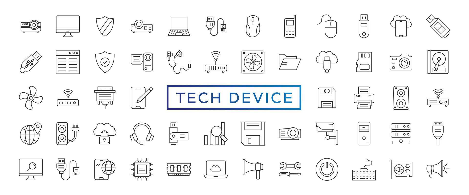 Technik Gerät dünn Linien eben Symbol solide Stil, isoliert einfach Kommunikation Symbol Set, einfach zu Veränderung Farbe und Größe, Gerät und Technologie Netz Symbol im Vektor Format