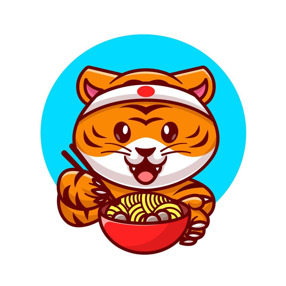 söt tiger äter Ramen nudel med polispinne tecknad serie vektor ikon illustration. djur- mat ikon begrepp isolerat premie vektor. platt tecknad serie stil