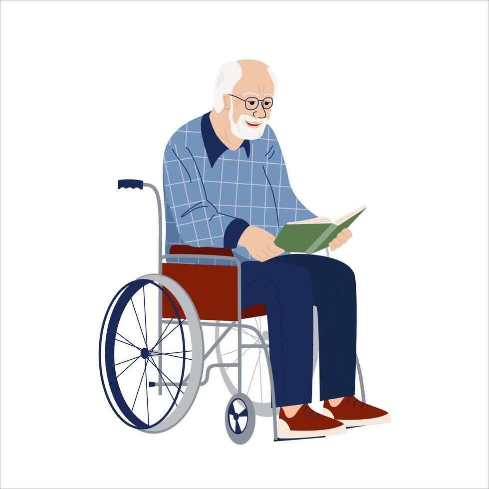 lesen alt Mann im ein Rollstuhl. deaktiviert Alten Mann Ausgaben Zeit mit ein Buch. Vektor süß eben Illustration isoliert auf Weiß Hintergrund.