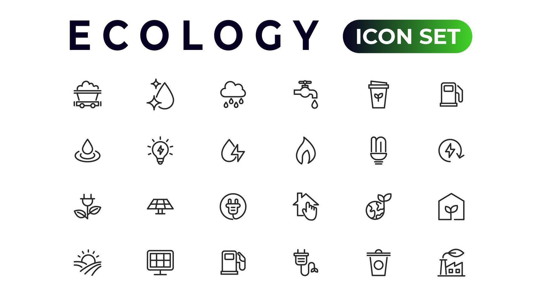 ekologi linje ikoner uppsättning. förnybar energi översikt ikoner samling. sol- panel, återvinna, eko, bio, kraft, vatten - stock vektor