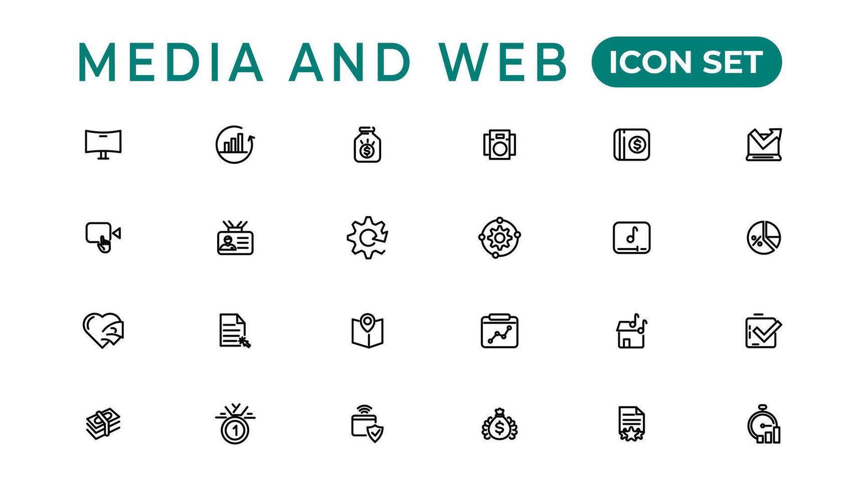 media och webb ikoner i linje stil.data analys, digital marknadsföring, förvaltning, meddelande, telefon. vektor illustration.