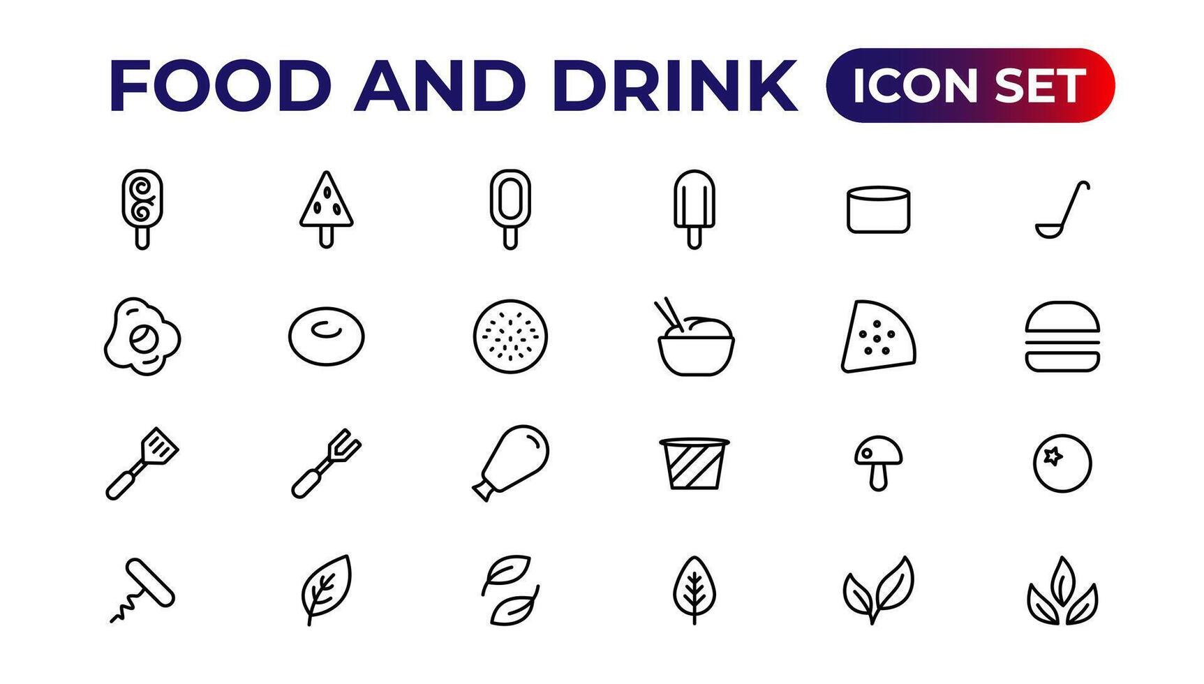 Essen und trinken Symbole. gefüllt Symbole eine solche wie trinken Wasser, Apfel Blatt, Pack, Küche Packung, Grill Grill, Himbeere Blatt, Kessel, Wein Flasche und Glas. vektor