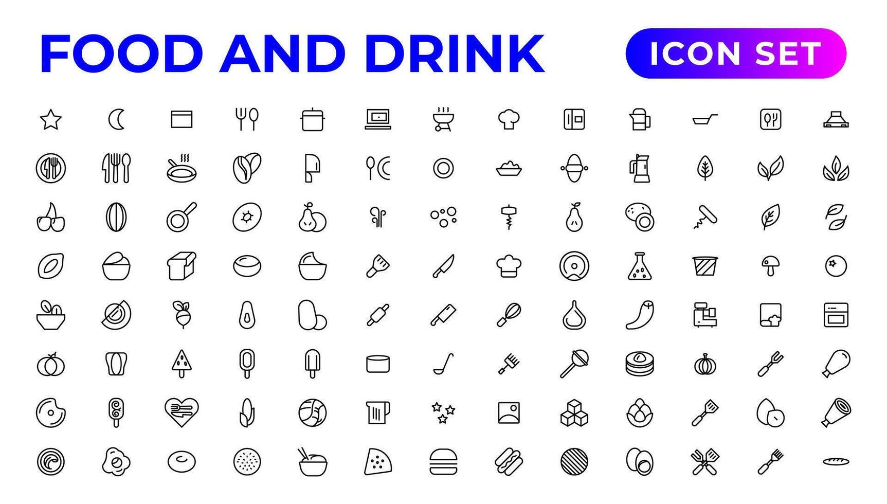 mat och dryck ikoner. fylld ikoner sådan som dryck vatten, äpple blad, pack, kök packa, grilla grill, hallon löv, panna, vin flaska och glas. vektor
