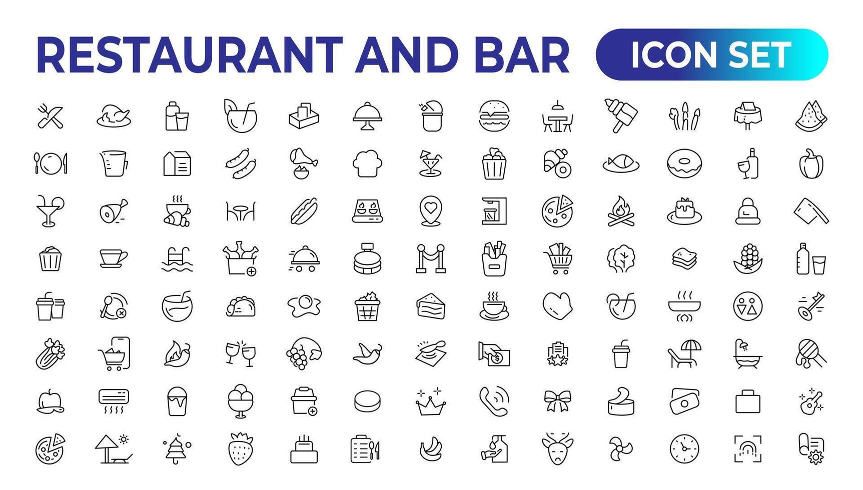 restaurang linje ikoner samling. mat, service, bar, alkohol ikoner. ui ikon uppsättning. tunn översikt ikoner packa. vektor illustration.