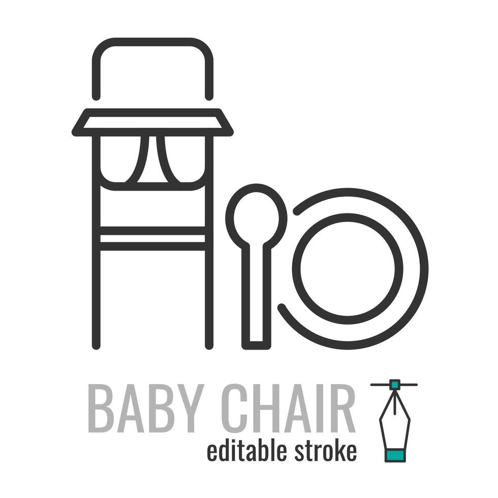 Baby Stuhl Linie Symbol.Fütterung Sitz zum Säugling Piktogramm.Baby hoch Stuhl zum Essen unterzeichnen. Vektor Grafik Illustration eps 10. editierbar Schlaganfall