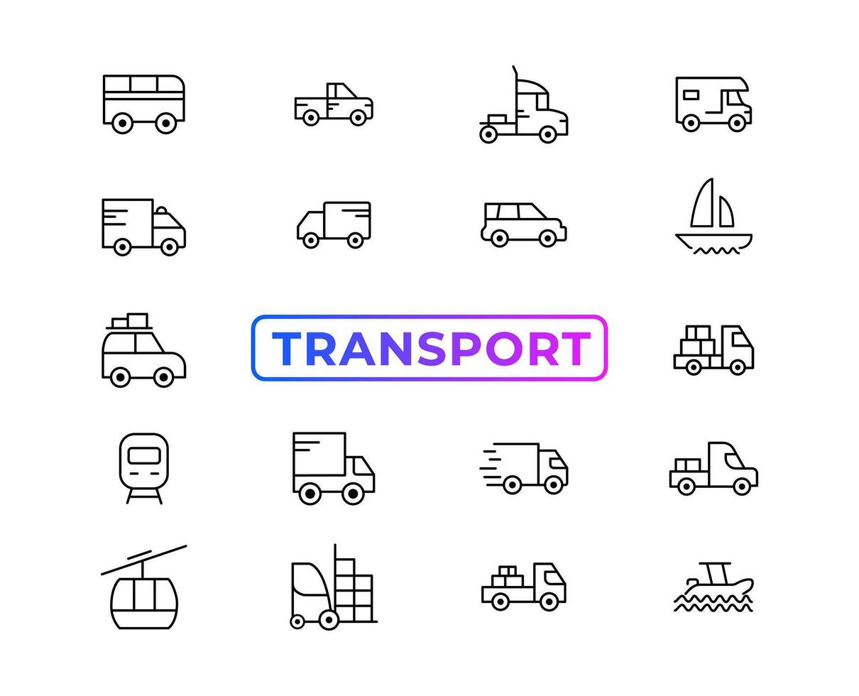 transport, fordon och leveranselement - minimal tunn linje webb ikonuppsättning. disposition ikoner samling. enkel vektorillustration. vektor