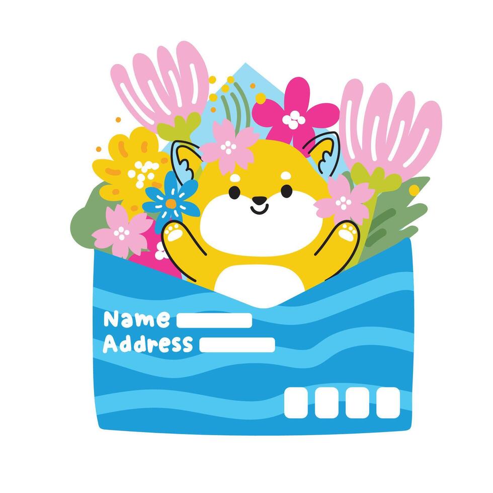 süß Shiba inu Hund Linie Hand gezeichnet Stil bleibe im Papier Mail mit Blume.Frühling Zeit.Blumen.Natur.Blühen.Sakura.Japanisch Haustier Tier Charakter Karikatur design.baby grafik.kawaii.vektorillustration. vektor