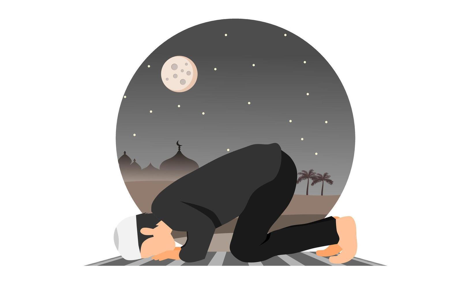 ein Muslim Mann im Erschöpfung Gebet Position auf Gebet Matte beim Nacht mit ein Moschee im das Wüste im Hintergrund . Vektor Illustration.