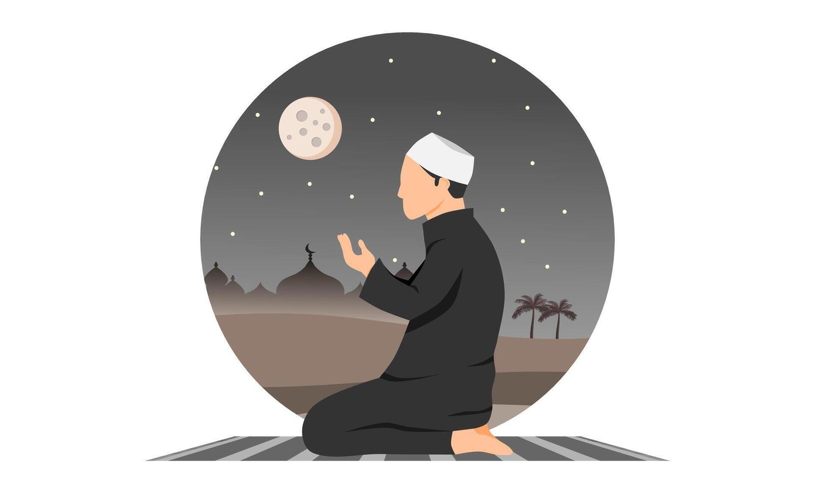 en muslim man bön- på natt med en moské i de öken- i de bakgrund. en muslim man Sammanträde på bön matta. vektor illustration.