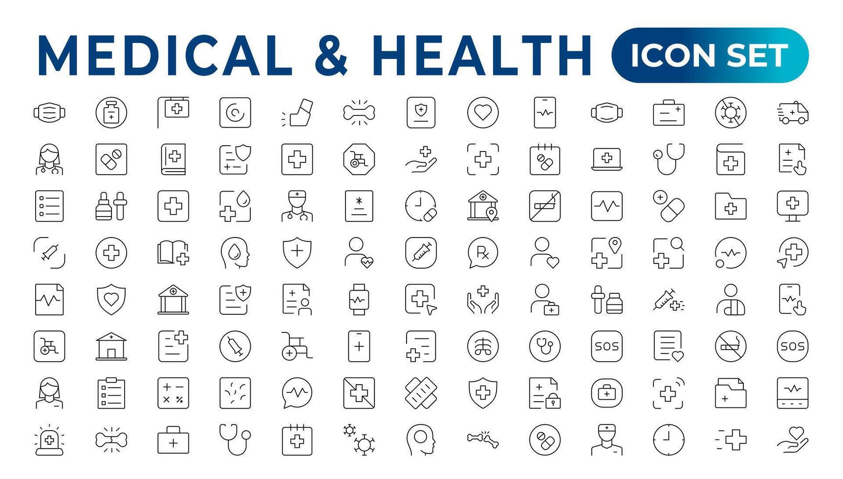 Gesundheit und medizinisch linear Symbole eine solche wie Skalpell, Kochsalzlösung, Optiker, Otoskop, Patch, und Schwangerschaft Prüfung Linie Symbole.Medecine eben Symbole. Sammlung von Gesundheit Pflege medizinisch Zeichen. Gliederung Symbol Satz. vektor