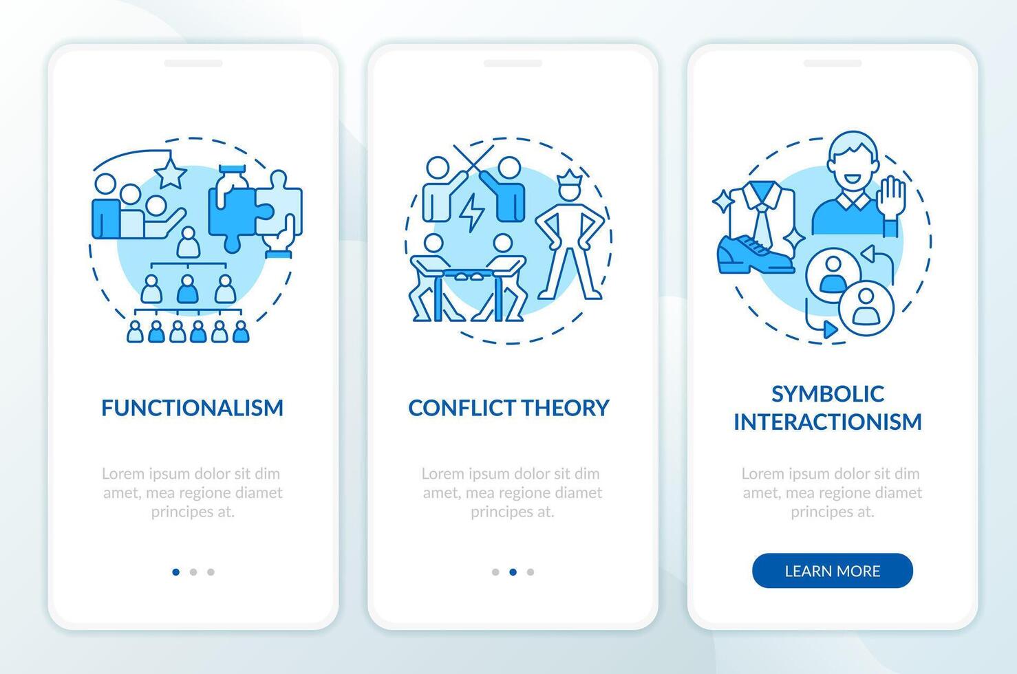 Theorien von Sozial Schichtung Blau Onboarding Handy, Mobiltelefon App Bildschirm. Komplettlösung 3 Schritte editierbar Grafik Anleitung mit linear Konzepte. ui, ux, gui Vorlage vektor