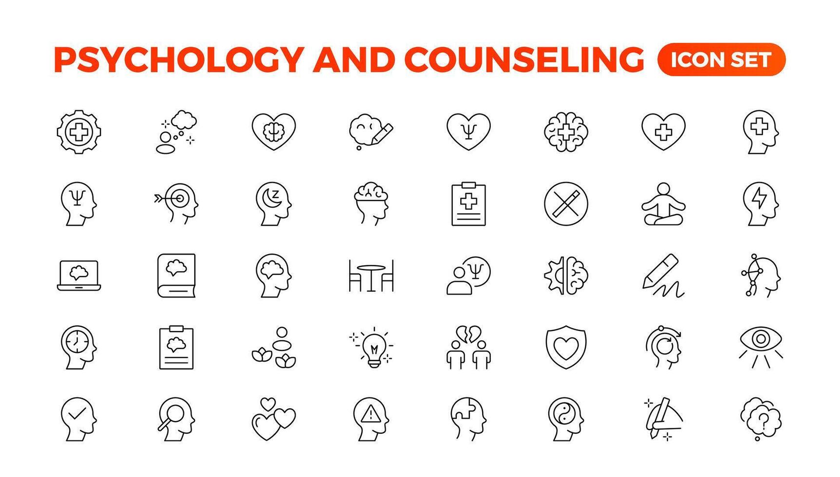 Psychologie und mental Linie Symbole Sammlung. groß ui Symbol einstellen im ein eben Design. dünn Gliederung Symbole pack.set von positiv Denken icon.be geliebt, gesund Lebensstil, Glück, positiv Denkweise. vektor