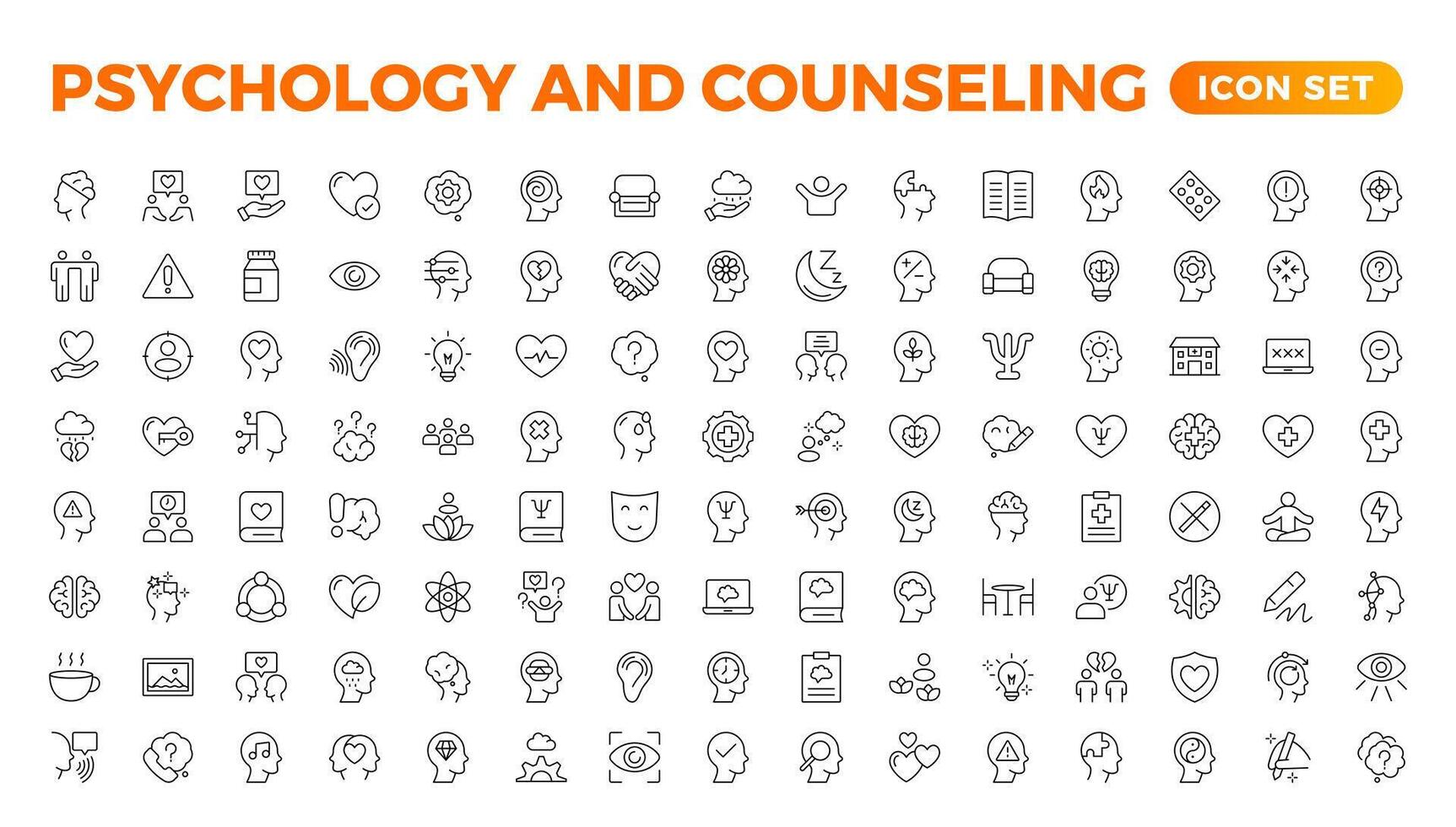 Psychologie und mental Linie Symbole Sammlung. groß ui Symbol einstellen im ein eben Design. dünn Gliederung Symbole pack.set von positiv Denken icon.be geliebt, gesund Lebensstil, Glück, positiv Denkweise. vektor