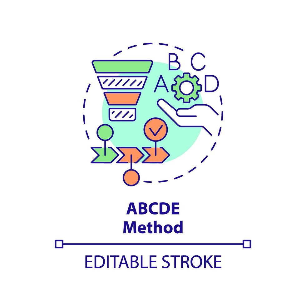 abcde Methode multi Farbe Konzept Symbol. Arbeitsablauf Verwaltung. runden gestalten Linie Illustration. abstrakt Idee. Grafik Design. einfach zu verwenden im Infografik, Werbung Material, Artikel, Blog Post vektor