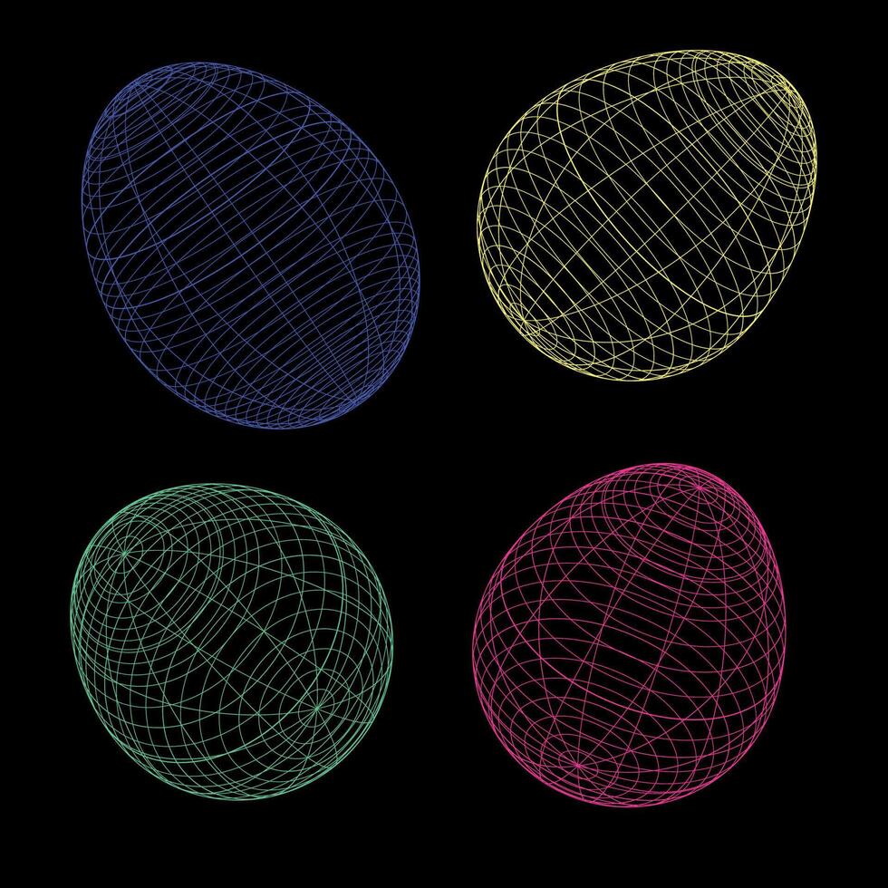 påsk ägg 3d trådmodell stil isolerat på svart bakgrund.vektor teknologi design element.flerfärgad påsk ägg uppsättning abstrakt geometrisk linjär trådmodell teckning vektor
