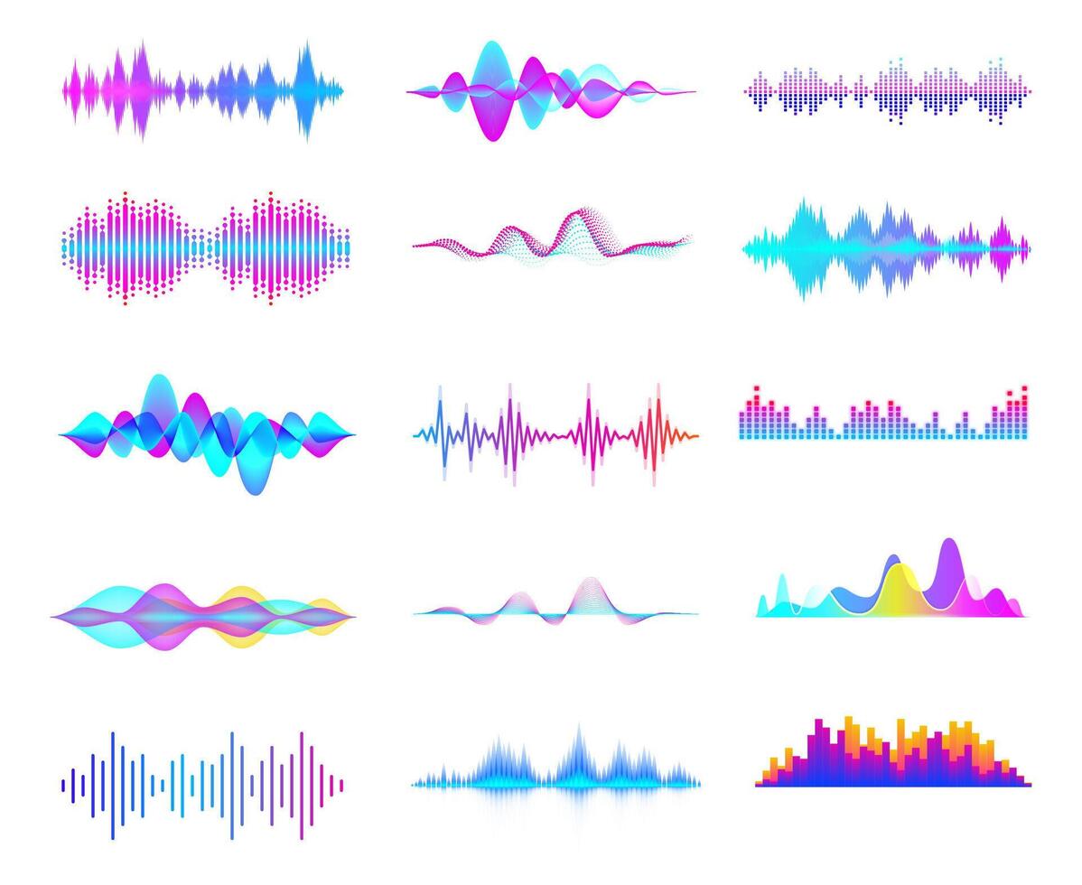 färgrik ljud vågor. audio signal Vinka, Färg lutning musik vågformer och digital studio utjämnare vektor uppsättning. abstrakt audio linje cliparts samling. Flerfärgad ljudvågor, musikalisk rytm