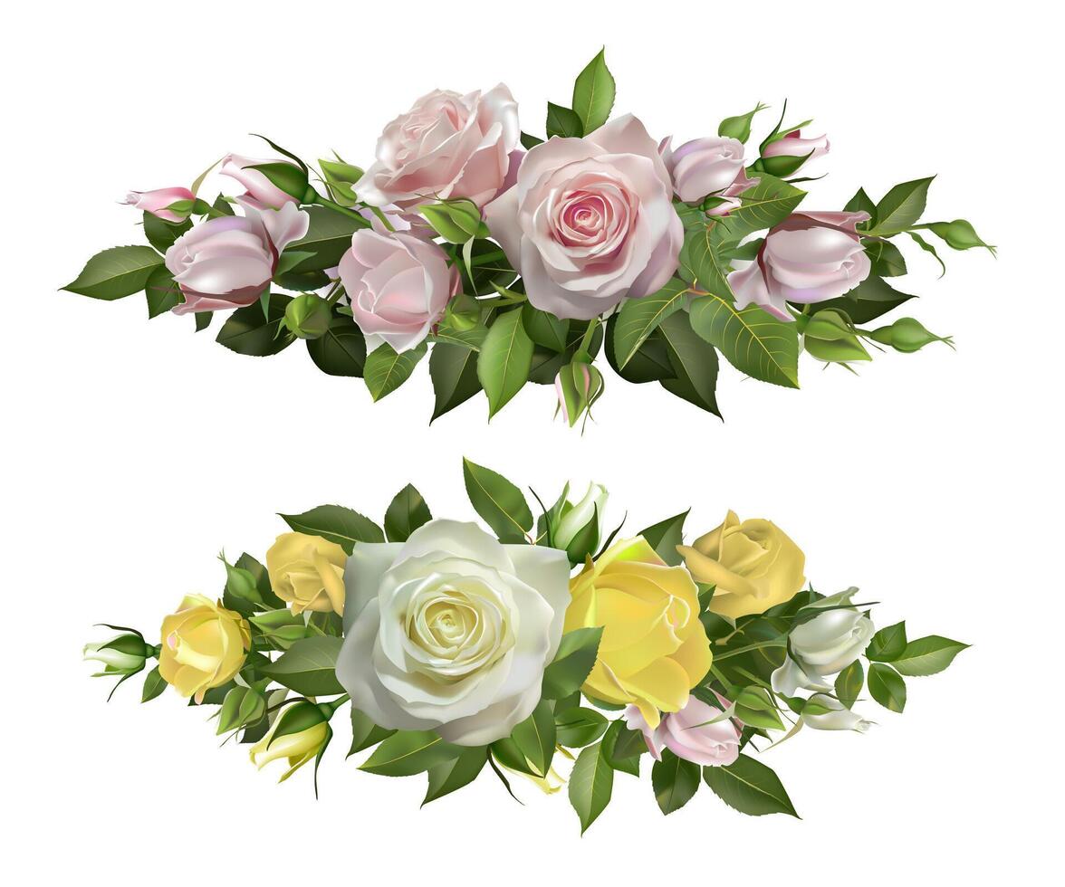 Rose Blumen realistisch Grenzen. Blume dekorativ rahmen, zärtlich Blumen mit Blätter und knospen, Blumen- blühen Elemente zum Hochzeit Karte und Einladung Vektor Illustration