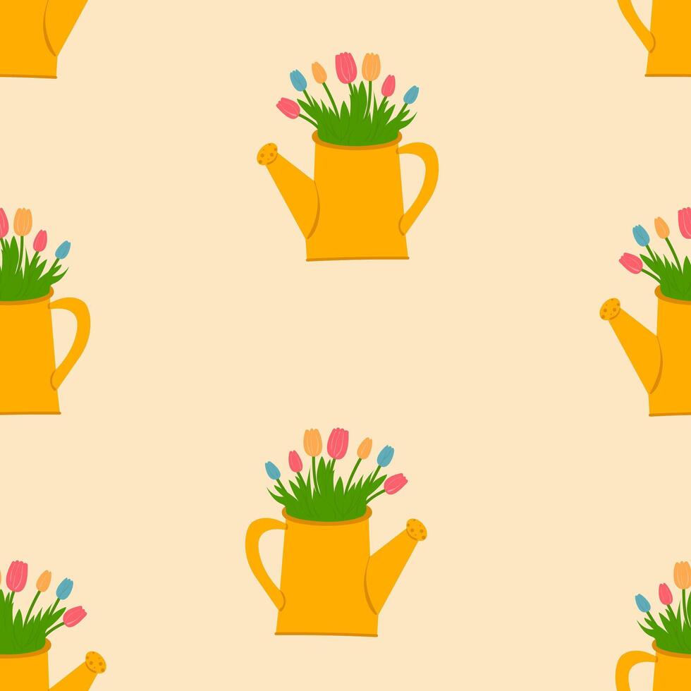 süß Garten Bewässerung Büchsen mit Tulpen nahtlos Frühling Hintergrund.Mutter Tag,Geburtstag.Vorlage zum Textil, Hintergrund, Verpackung, Startseite vektor