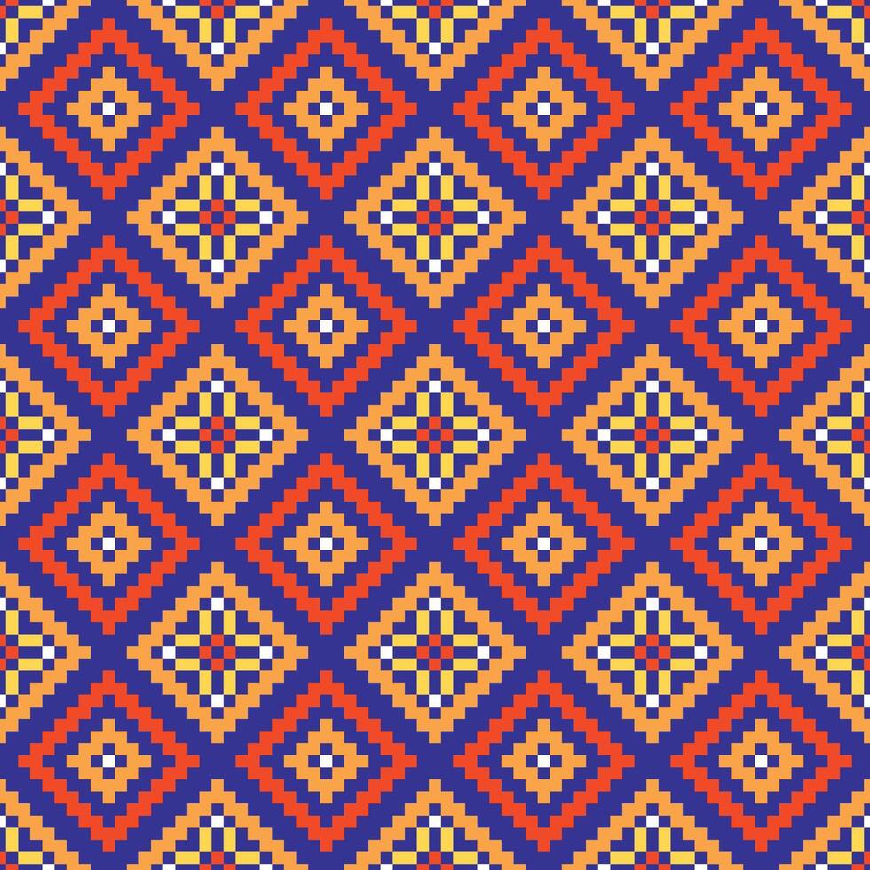 ein Kreuz Stich Muster ein bunt ethnisch Muster von Diamanten und Dreiecke auf ein dunkel Blau hintergrund.design zum Stoff, Muster, Stickerei, Pixel, Motiv, Handtuch, Folk, Retro, Kunsthandwerk, abstrakt, Batik, Zickzack vektor