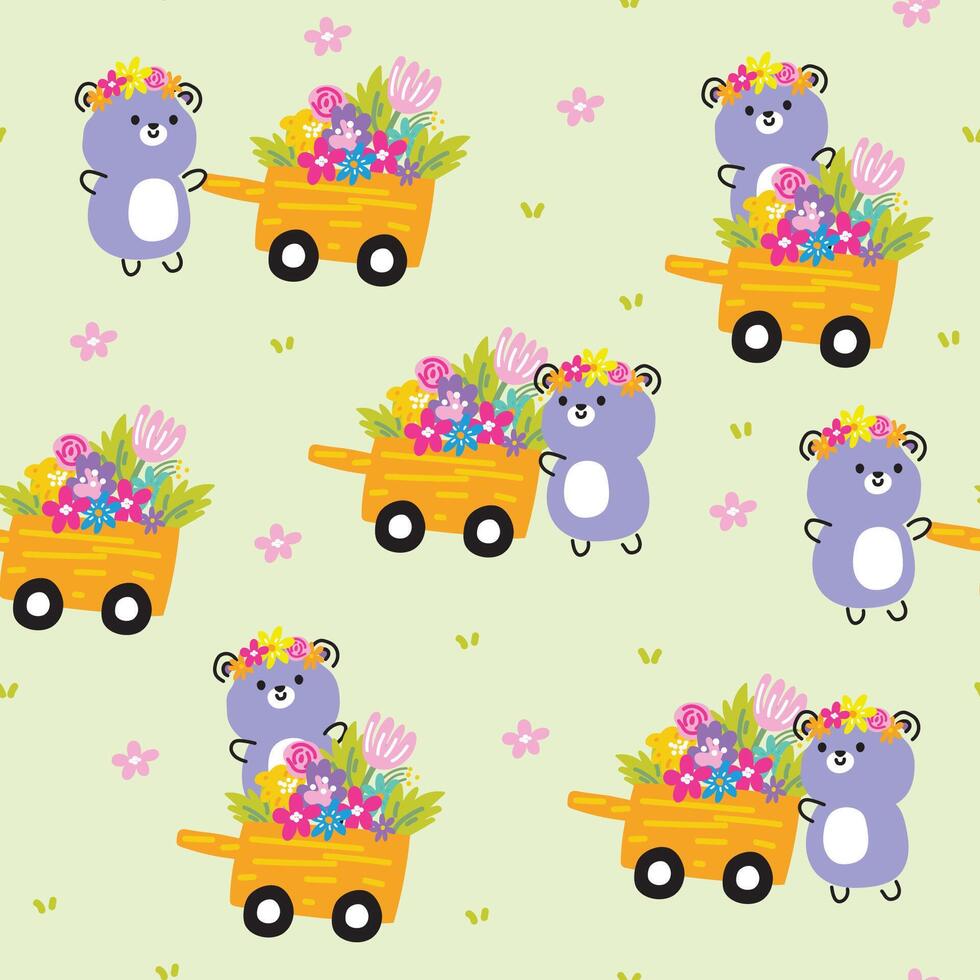 sömlös mönster av söt teddy Björn linje hand dragen stil med vagn blomma på trädgård bakgrund.vår.blommig.vild djur- karaktär tecknad serie design.kawaii.vector.illustration. vektor