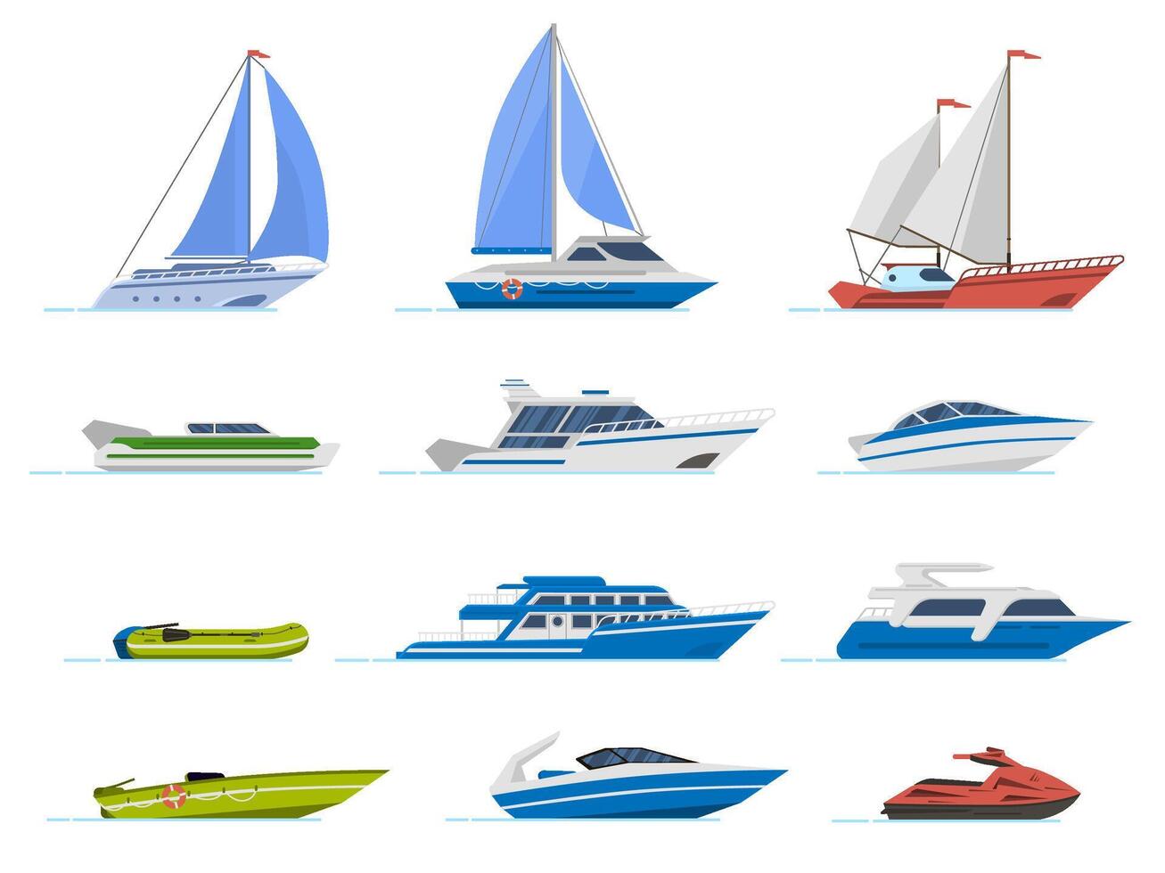 Reise Yacht und Motorboot. Kreuzfahrt Boote, Luxus Yacht Dampfer und Geschwindigkeit Boot, Transport zum Ozean Wasser isoliert Vektor Illustration einstellen