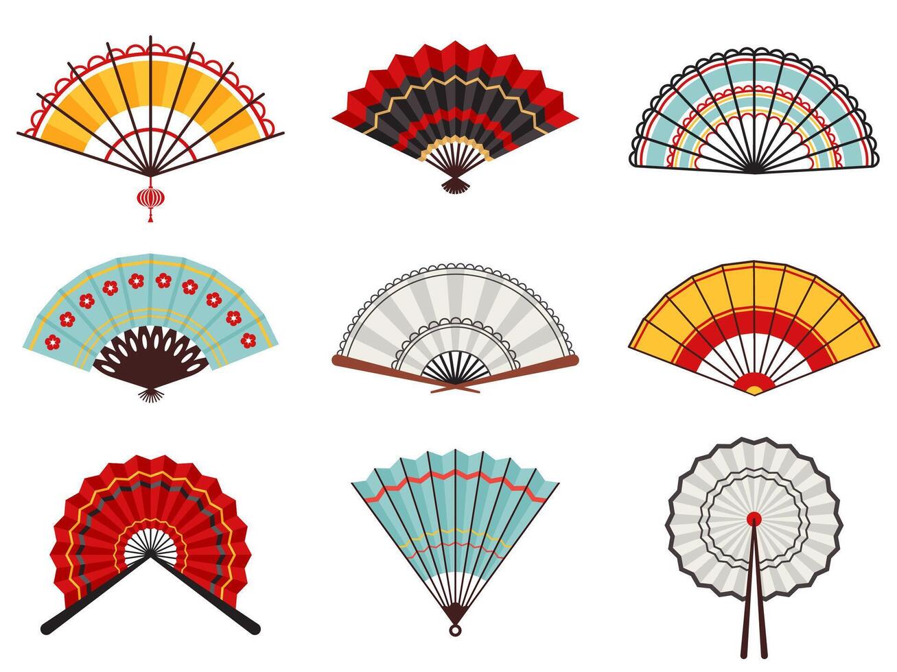 asiatisk hand fans. papper hopfällbar hand fans, kinesiska, japansk dekorativ traditionell orientalisk trä- fläktar vektor illustration ikoner uppsättning