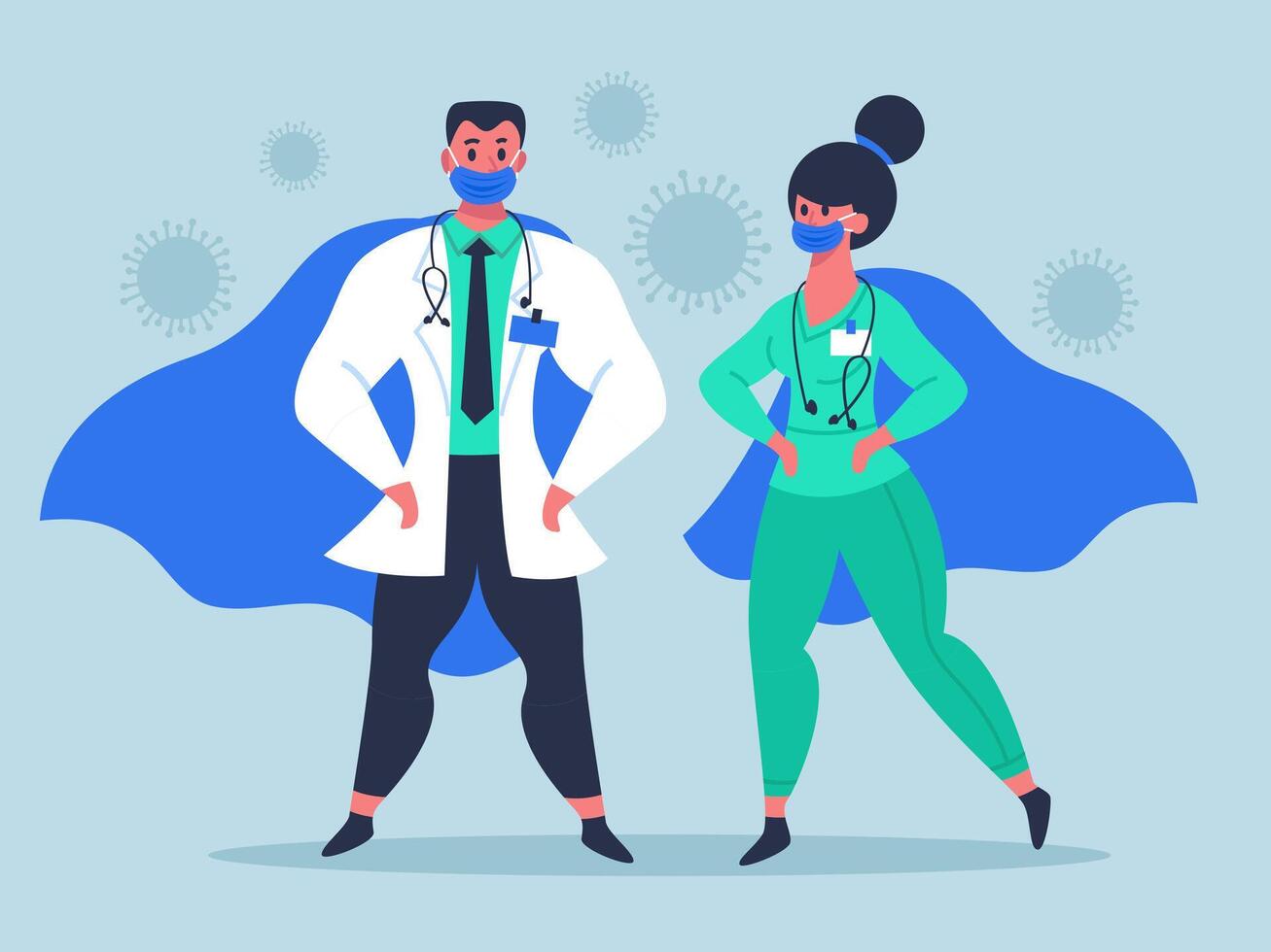 Arzt Superhelden. Super Arzt Zeichen im medizinisch Masken und winken Umhänge, weiblich und männlich Ärzte Helden isoliert Vektor Illustration