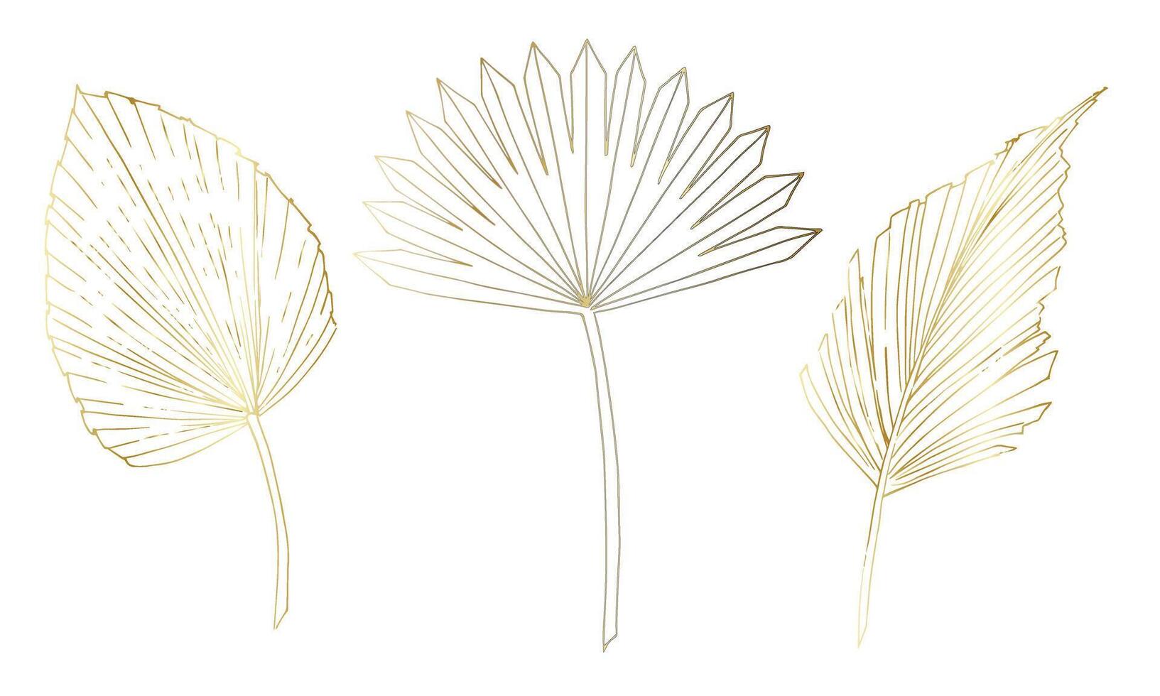 Gold tropisch Palme Blätter. Vektor Illustration mit exotisch Pflanzen auf isoliert Hintergrund im linear Stil. Gliederung Zeichnung von Geäst. Linie Kunst zum modern Luxus Design. botanisch skizzieren von Laub