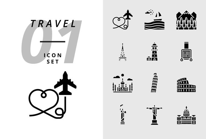 Pack-Symbol für Reisen, Flugzeug, Landschaft, Wald, Pariser Turm, Leuchtturm, Trolley, Taj Mahal, Pisa-Turm, Kolosseum, Statue der Vereinigten Staaten, Deja Neiro, Kapitalgebrauch. vektor