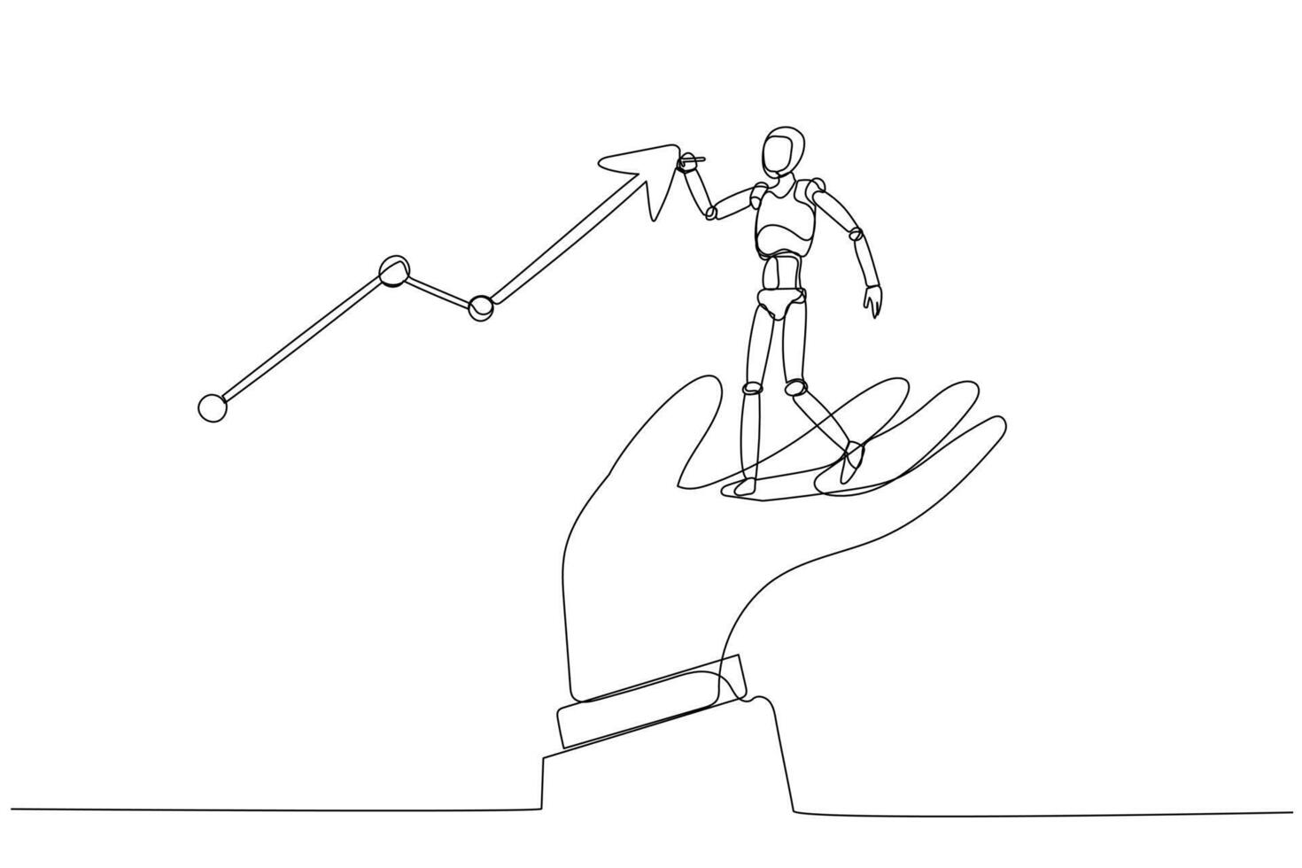 humanoid robot står på en mänsklig hand, pekande mot ett uppåt trender Graf linje. begrepp av synergi mellan mänsklig Stöd och robot effektivitet, ledande till tillväxt. vektor