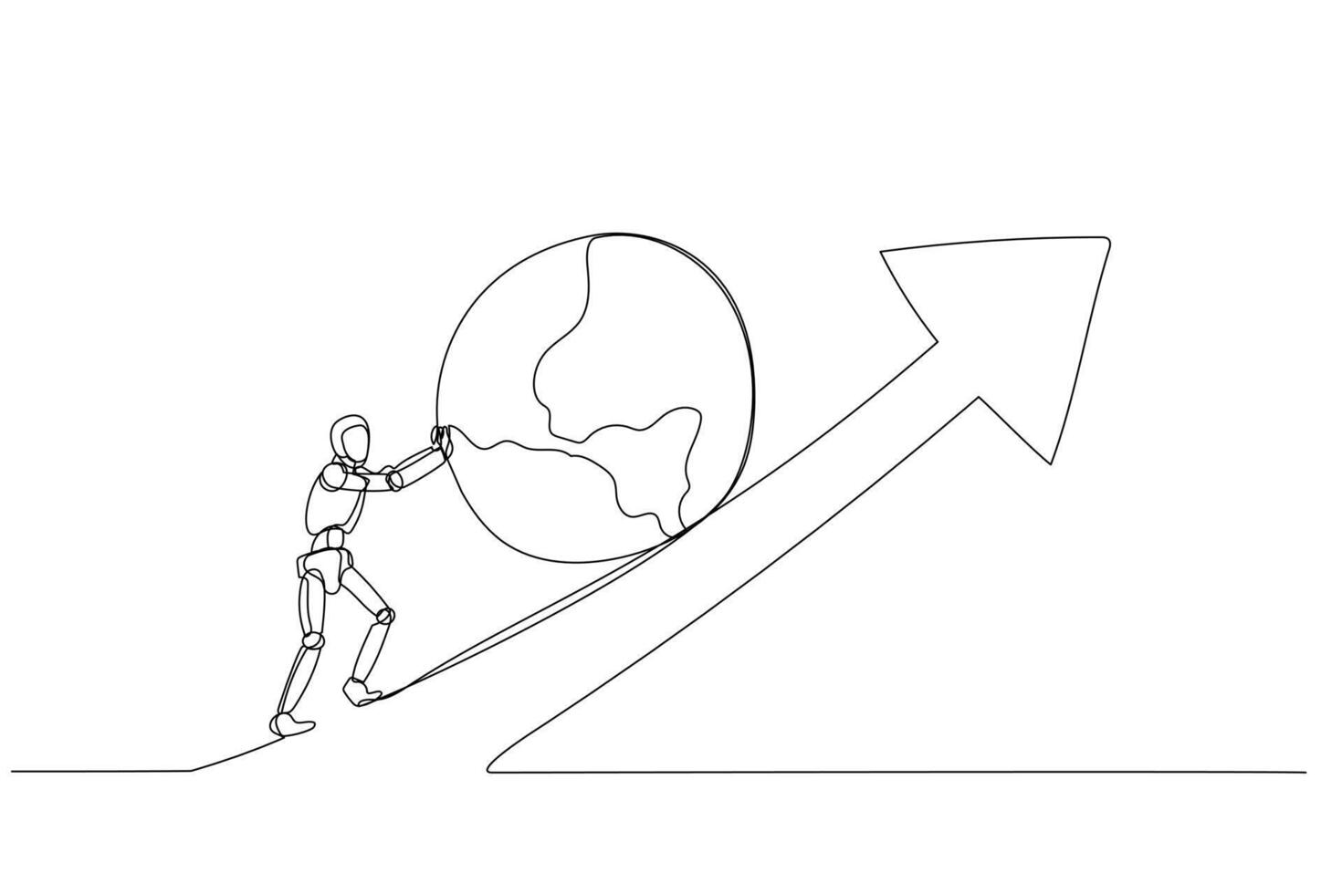 robot skjuter en klot uppför mot ett pil, symboliserar global utmaningar och kollektiv ansträngning för positiv resultat. vektor