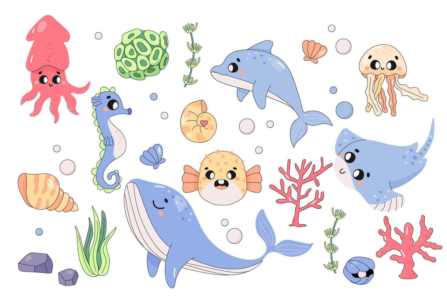 süß Meer Tiere, Satz, auf Weiß Hintergrund, Fuge, Wal, Delfin, Tintenfisch, Qualle. unter Wasser Welt. vektor