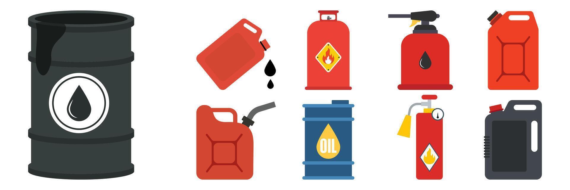 Gas und Treibstoff Lager Zylinder. Gas Zylinder Vektor lpg Gasflasche und Gaszylinder Illustration einstellen von zylindrisch Container mit verflüssigt komprimiert Gase.