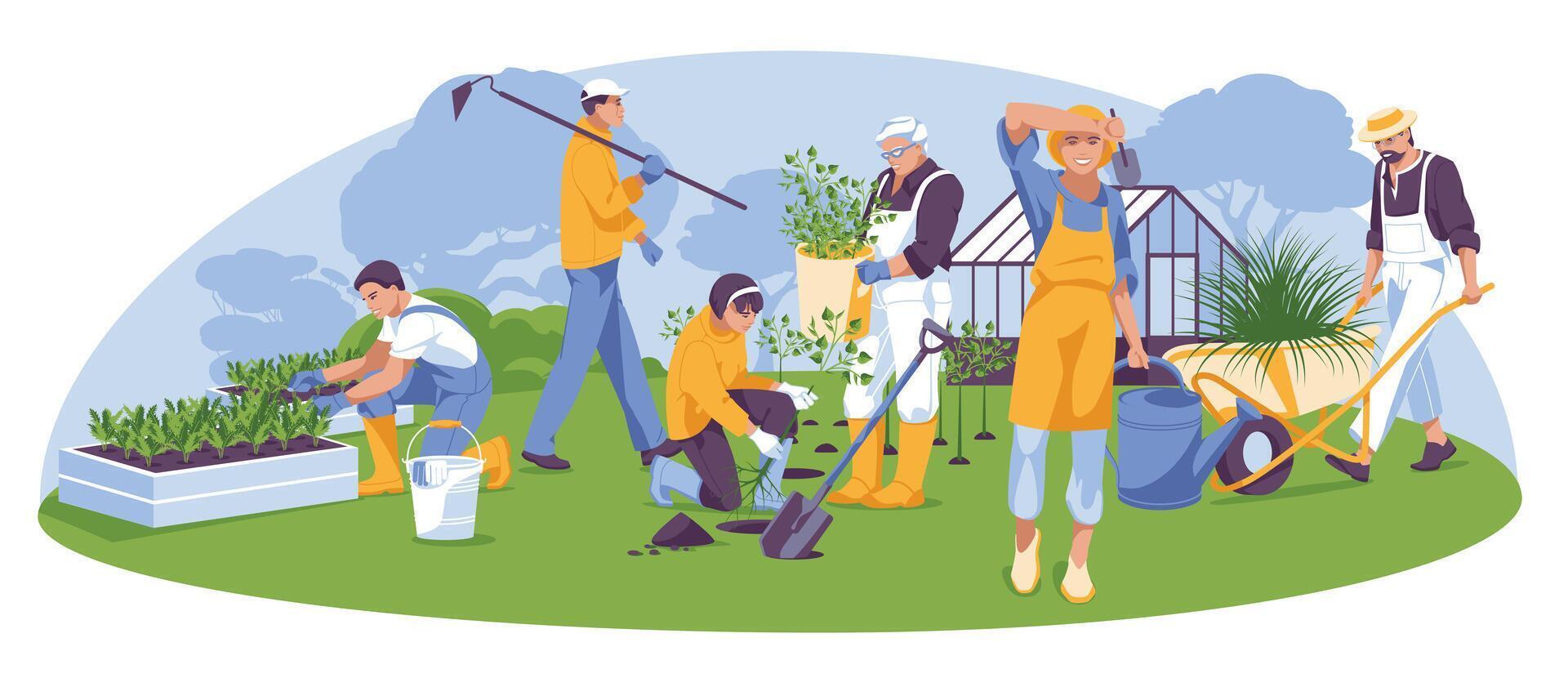 vår och sommar trädgård arbete. annorlunda människor med trädgård verktyg. växthus. begrepp av säsong- Arbetar. platt vektor illustration