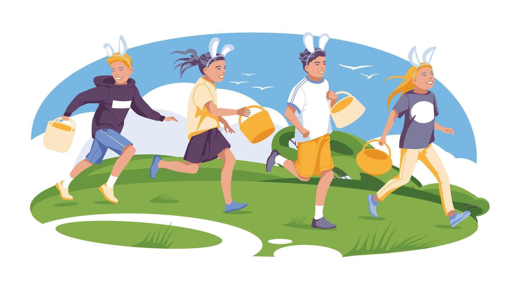 heiter Ostern Kinder mit Körbe Lauf und springen auf ein Grün Rasen. Urlaub Karte. Vektor eben Illustration