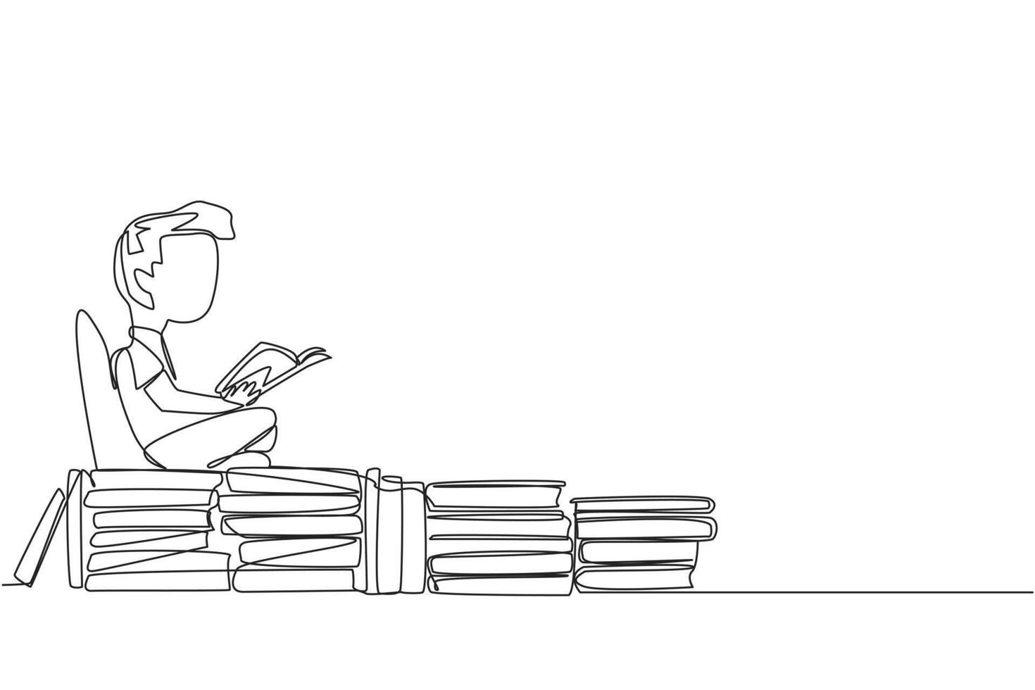 enda ett linje teckning pojke Sammanträde avslappnad läsning en bok på lugg av böcker. koppla av medan läsning fiktion böcker. njut av de story. bok festival begrepp. kontinuerlig linje design grafisk illustration vektor