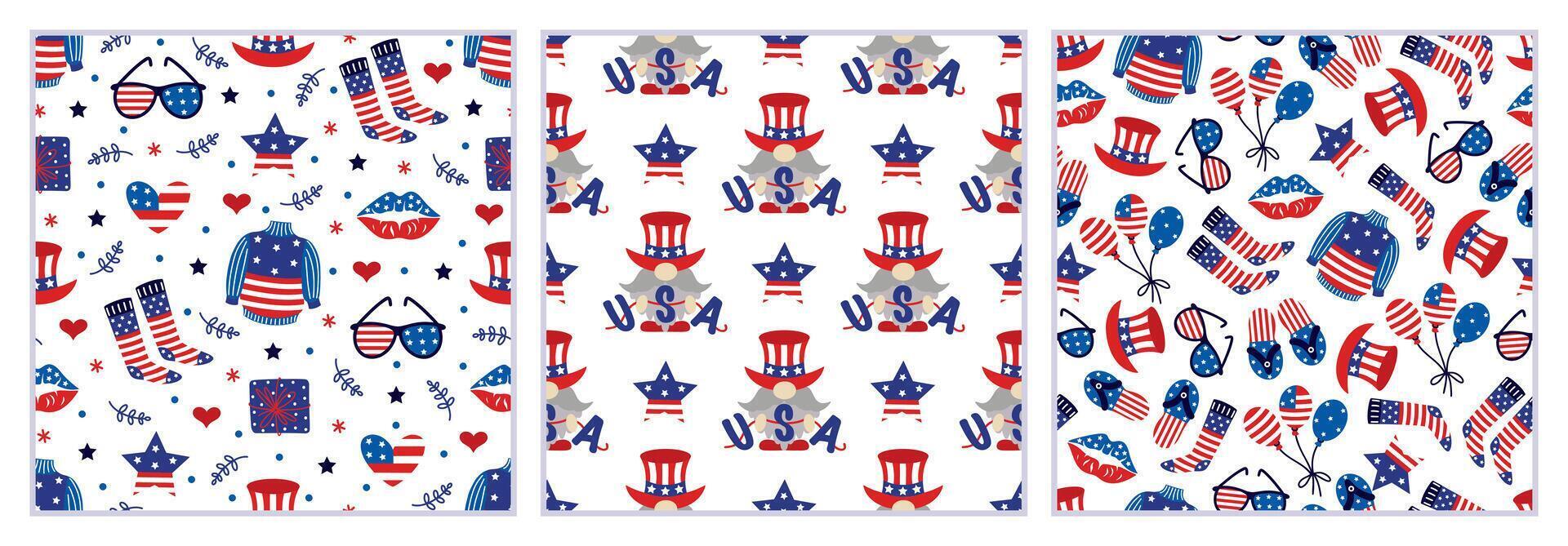 amerikanisch Unabhängigkeit Tag, nahtlos Vektor Muster Satz. 4 .. von Juli Feier-Zwerg im ein Hut mit ein USA Girlande, Luftballons, Sterne, Kuss von Freiheit. traditionell National Fall, patriotisch Hintergründe