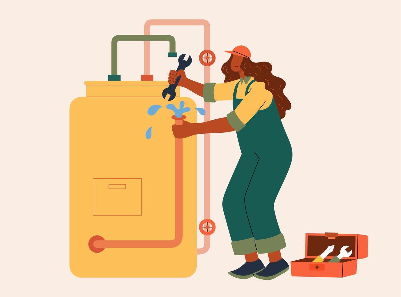 kvinna rörmokare reparation vatten tank. platt stil illustration av en kvinna i arbete ha på sig reparation vatten rör i de tank förbi använder sig av en rycka vektor