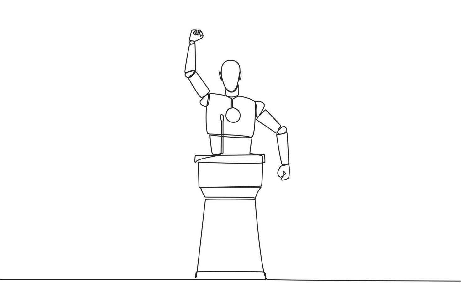 kontinuerlig ett linje teckning robot tala på de podium förbi knäppning nävar på huvud höjd. håller på med oration. ledarskap begrepp. brinnande de anda. ai tech. enda linje dra design vektor illustration