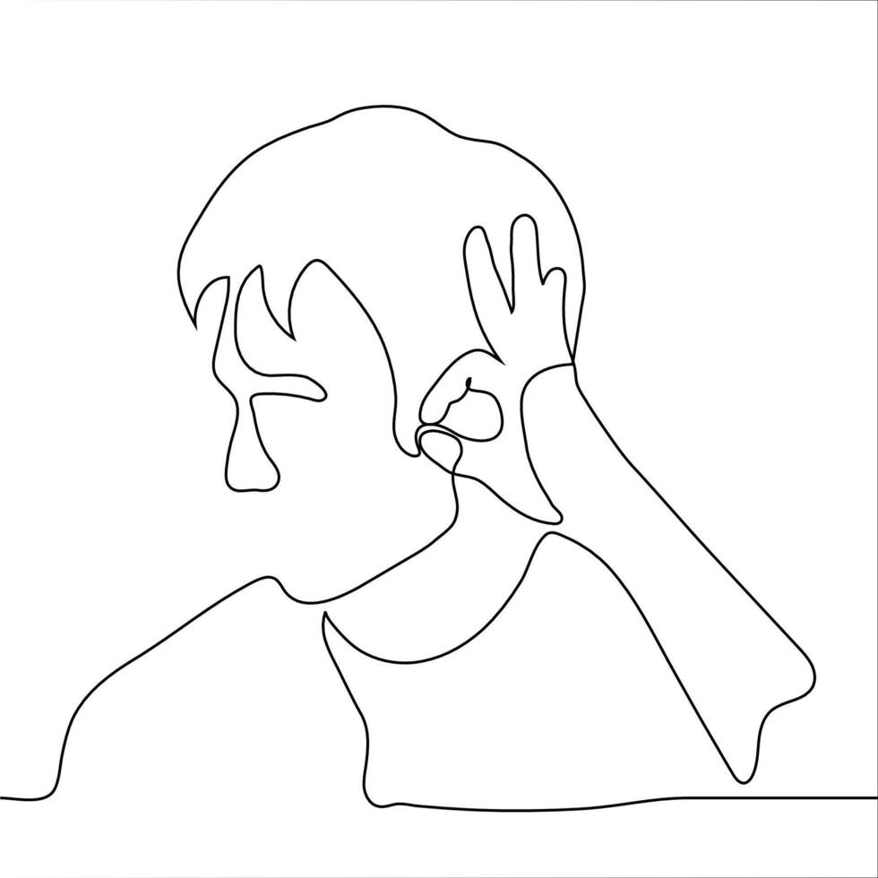 porträtt av en man sätta hans hand till hans öra till höra bättre. fingrar vikta i ett Okej gest och nedtryckt mot de förmak. ett linje teckning begrepp av avtal med Vad du höra, Bra Nyheter vektor