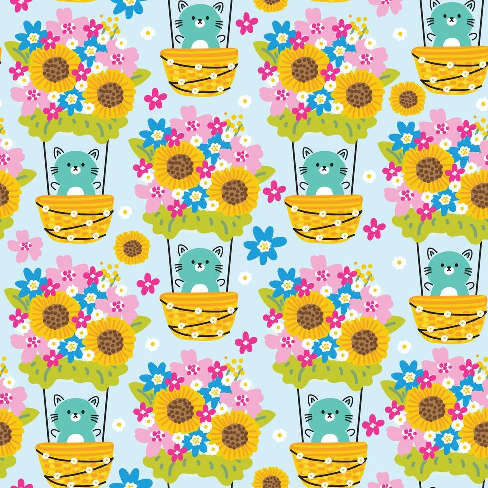 sömlös mönster av söt katt linje stil hand dragen stanna kvar i blomma ballong bakgrund.våren.natur.blommande.blommiga.husdjur djur- karaktär tecknad serie design.kawaii.vector.illustration. vektor