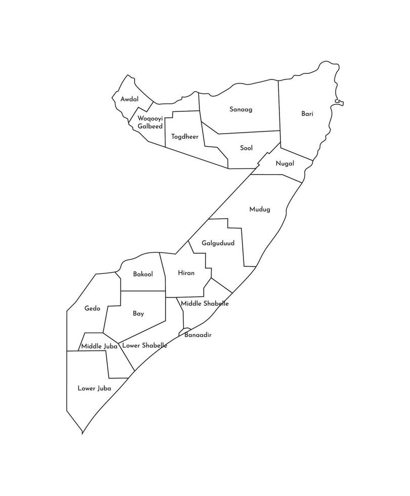Vektor isoliert Illustration von vereinfacht administrative Karte von Somalia. Grenzen und Namen von das Regionen. schwarz Linie Silhouetten.