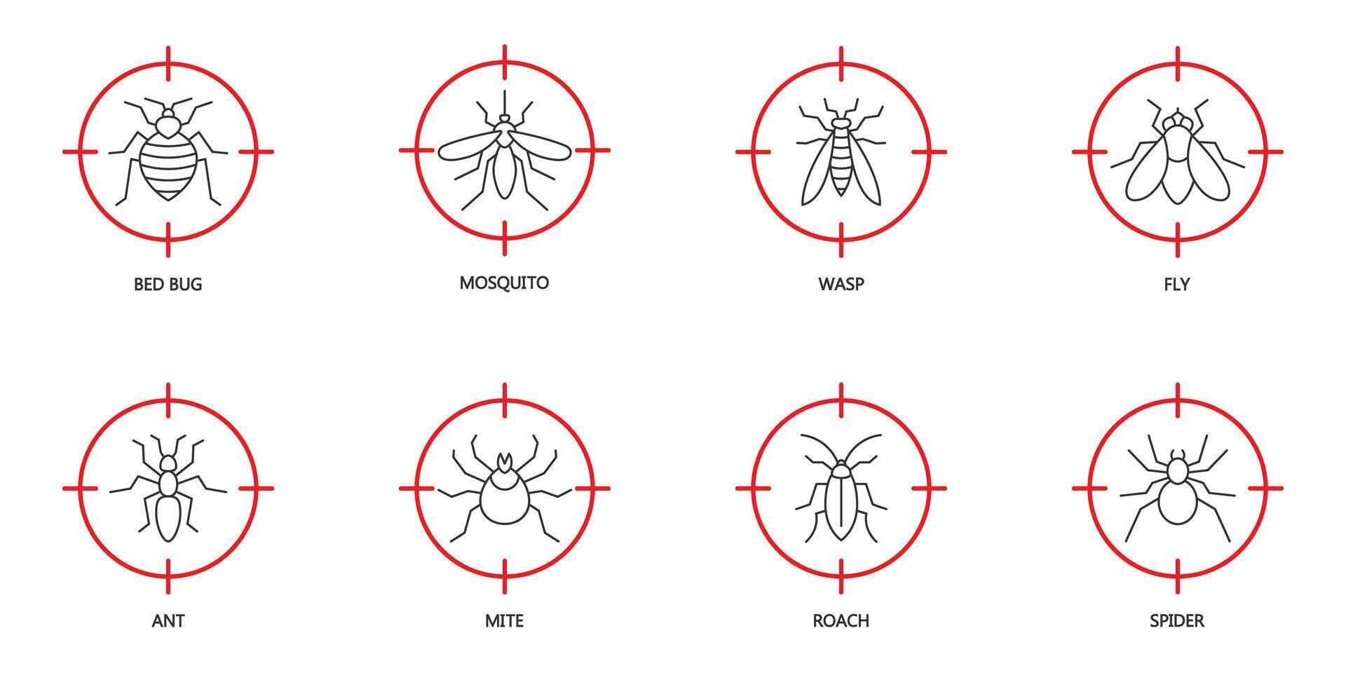 halt Insekt Symbol Satz. Pest Steuerung Symbole einstellen auf rot Ziel. Insekten beim mit vorgehaltener Waffe. Bett Insekt, Moskito, Wespe, Fliege, Ameise, Milbe, Plötze, und Spinne Symbole. Vektor Illustration.