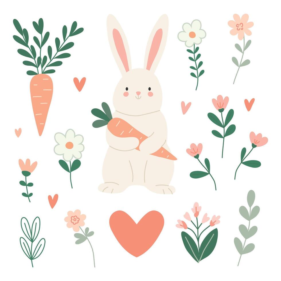 söt påsk kanin med morötter, blommor, hjärtan vektor