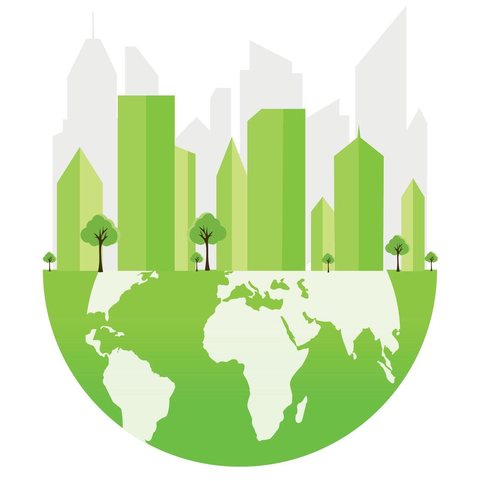 Ökologie Konzept, das Welt ist im das Energie Speichern Licht Birne grün, Vektor Illustration. Grün Öko Stadt