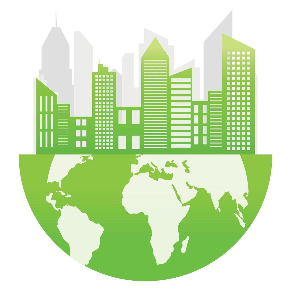 Ökologie Konzept, das Welt ist im das Energie Speichern Licht Birne grün, Vektor Illustration. Grün Öko Stadt