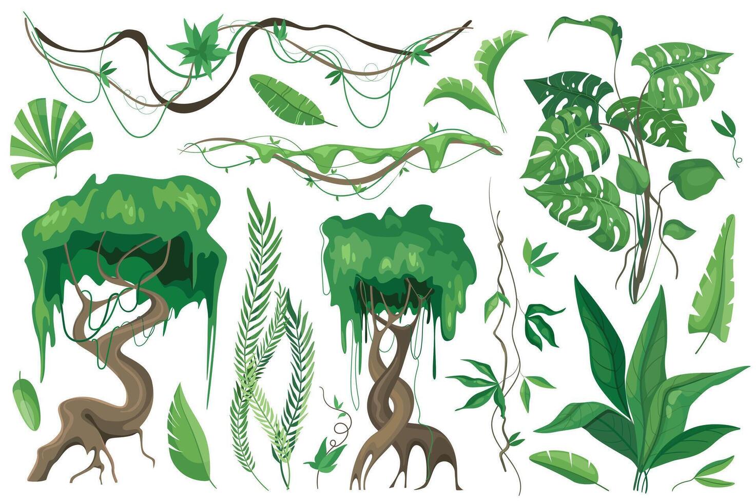 tropisk växter och lianer uppsättning grafisk element i platt design. bunt av annorlunda typ exotisk träd och löv, vild flora och Övrig grön djungel lövverk. vektor illustration isolerat objekt
