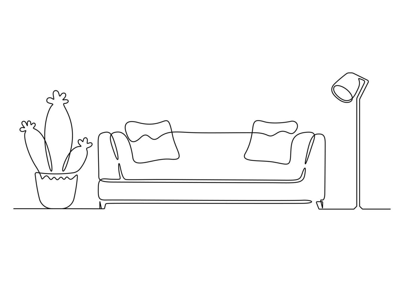 kontinuierlich einer Linie Zeichnung von Couch oder Sofa mit Lampe und eingetopft Pflanze. modern Möbel einfach linear Stil Vektor Illustration