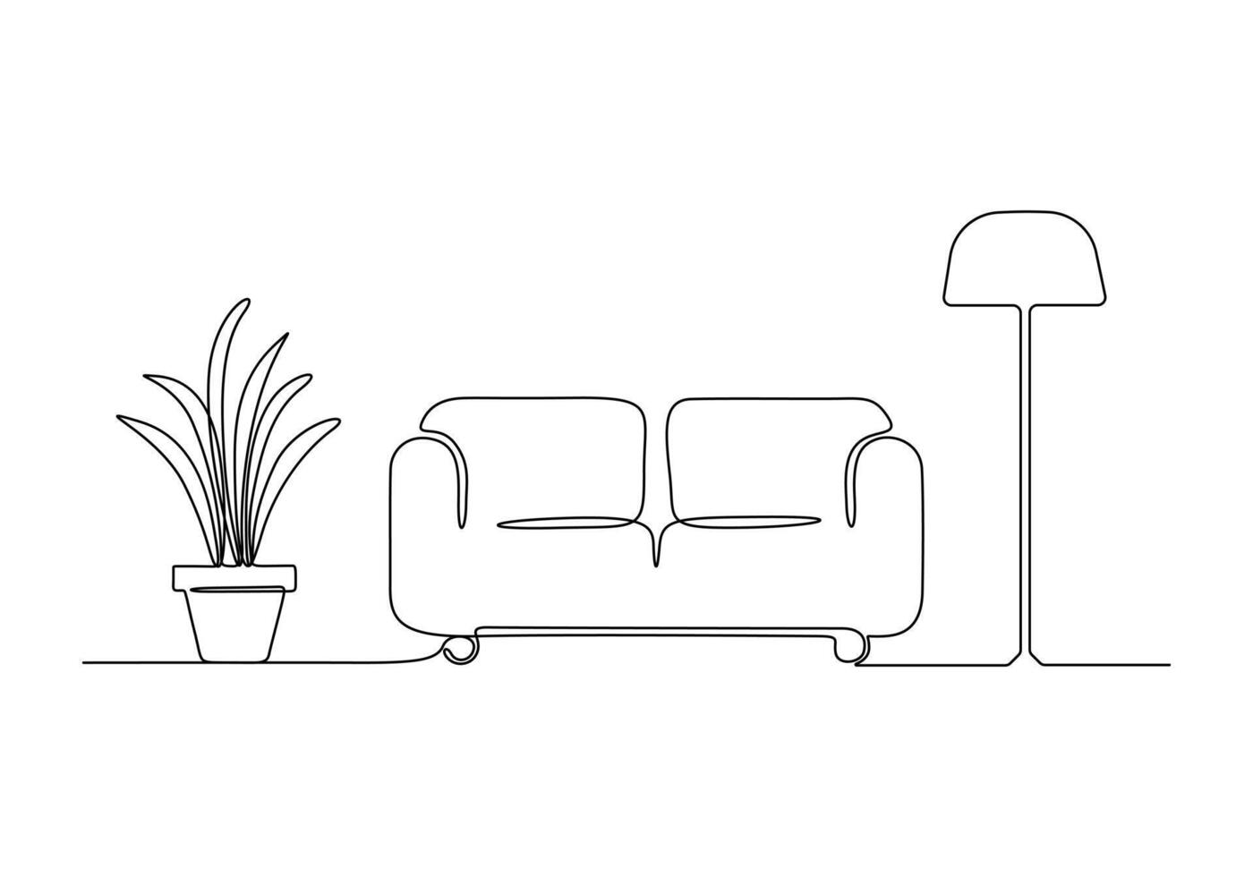 kontinuierlich einer Linie Zeichnung von Couch oder Sofa mit Lampe und eingetopft Pflanze. modern Möbel einfach linear Stil Vektor Illustration