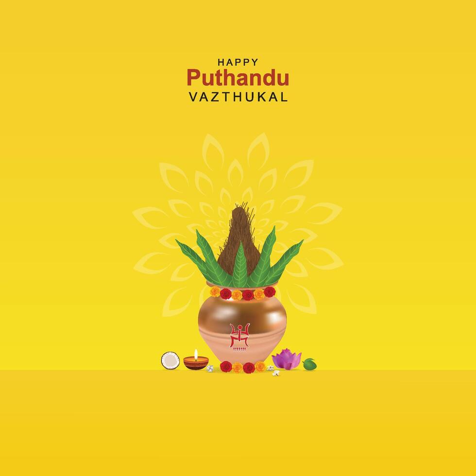 Tamil Neu Jahr, Puthandu, mit festlich Elemente, von. glücklich Puthandu, Tamil Neu Jahr Poster, Sozial Medien Post, vektor